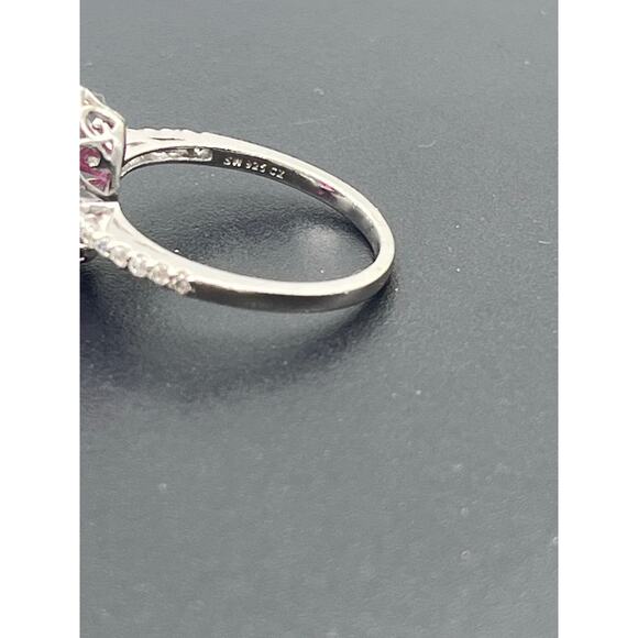 SW 925 CZ Sterling Silver Lab Created Red Ruby and CZ Halo ring Sz 7.5 - Picture 10 of 10